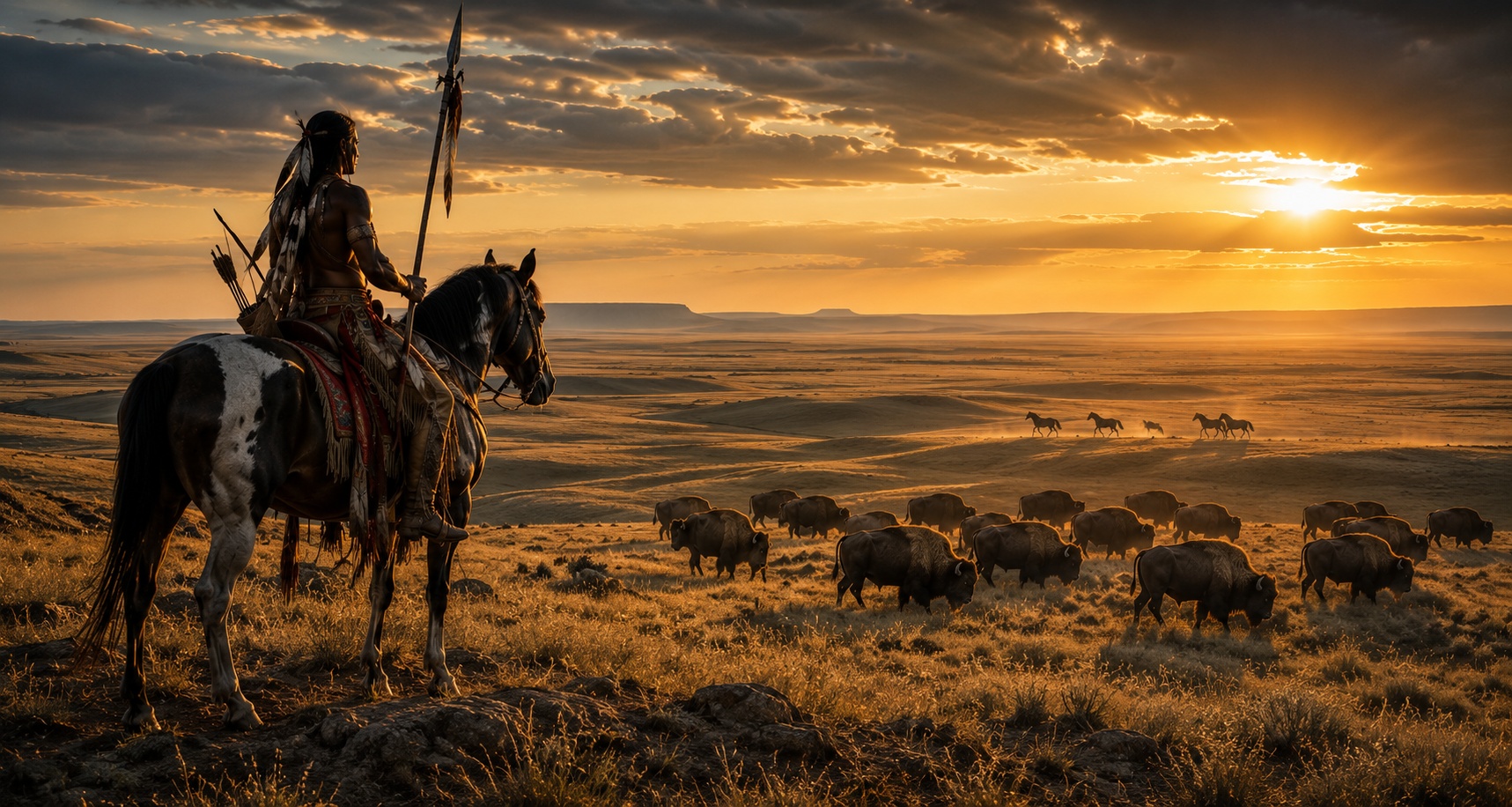 Plains warrior on horseback overlooking a bison herd at sunset