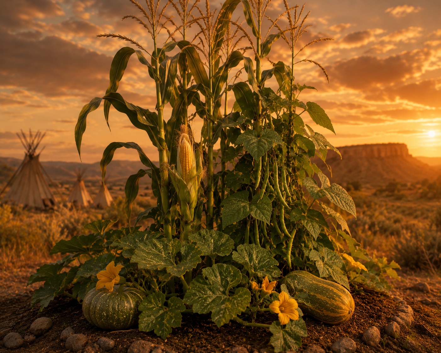 A Three Sisters garden at sunset — corn, beans, and squash growing together in one mound